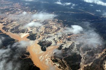 Aerial view of the Rio Huaypetue gold mine the Peruvian Amazon